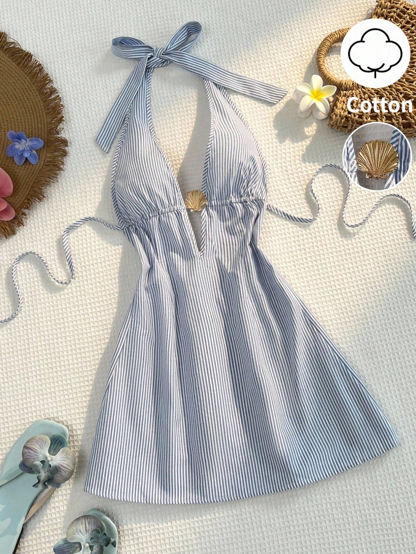 Sunnyshic Women Blue And White Stripe Bamboo Fiber Deep V Halter