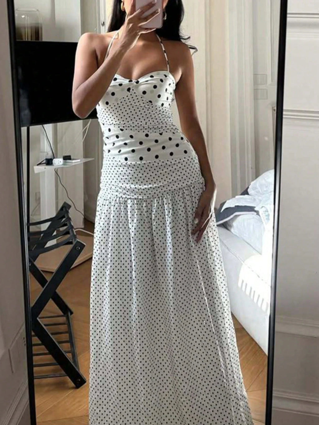 Women's Casual Polka Dot Spaghetti Strap Maxi Dress, Elegant For
