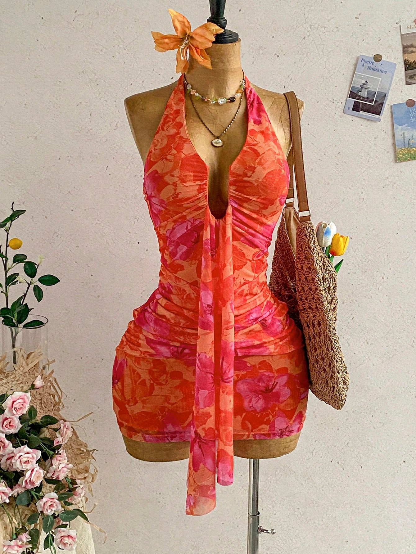 Ure Wave Women's Casual Vacation Sexy Ribbon Halter Bowknot Ruched