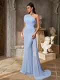 Aureia Elegant Fashionable Blue Elastic Mesh Asymmetrical Shoulder Mermaid Hem Long Formal Dress Wedding