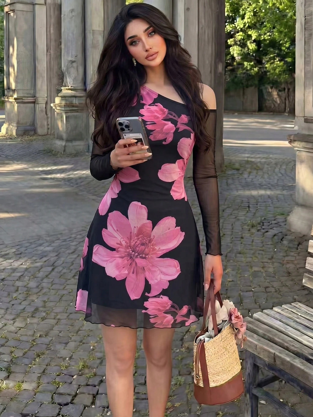 Modelyn Mesh Print Ruched Asymmetric Neck Elegant Sexy Summer Dress