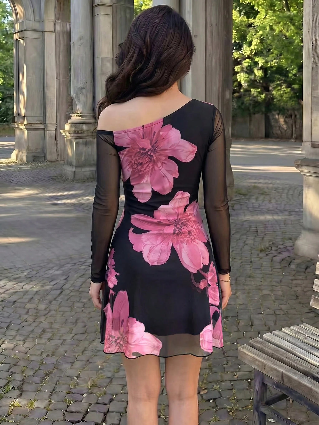 Modelyn Mesh Print Ruched Asymmetric Neck Elegant Sexy Summer Dress