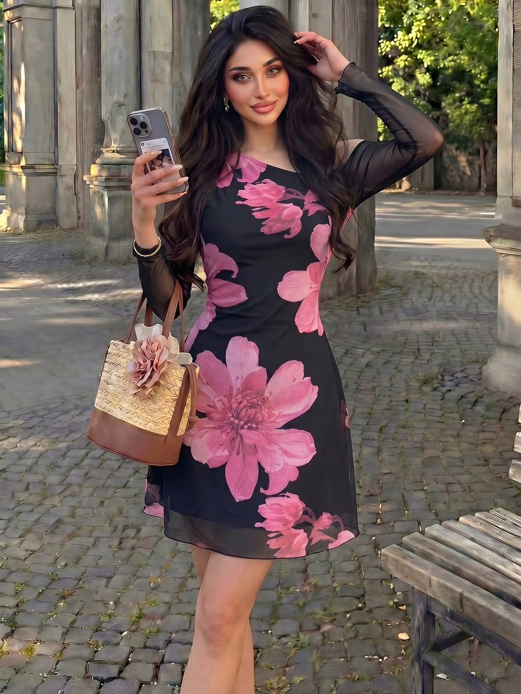 Modelyn Mesh Print Ruched Asymmetric Neck Elegant Sexy Summer Dress