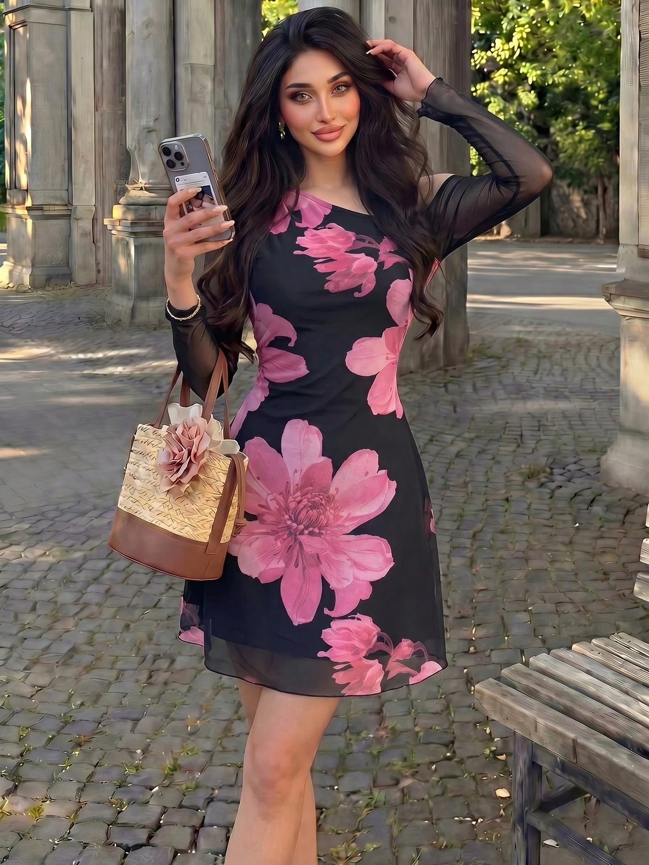 Modelyn Mesh Print Ruched Asymmetric Neck Elegant Sexy Summer Dress