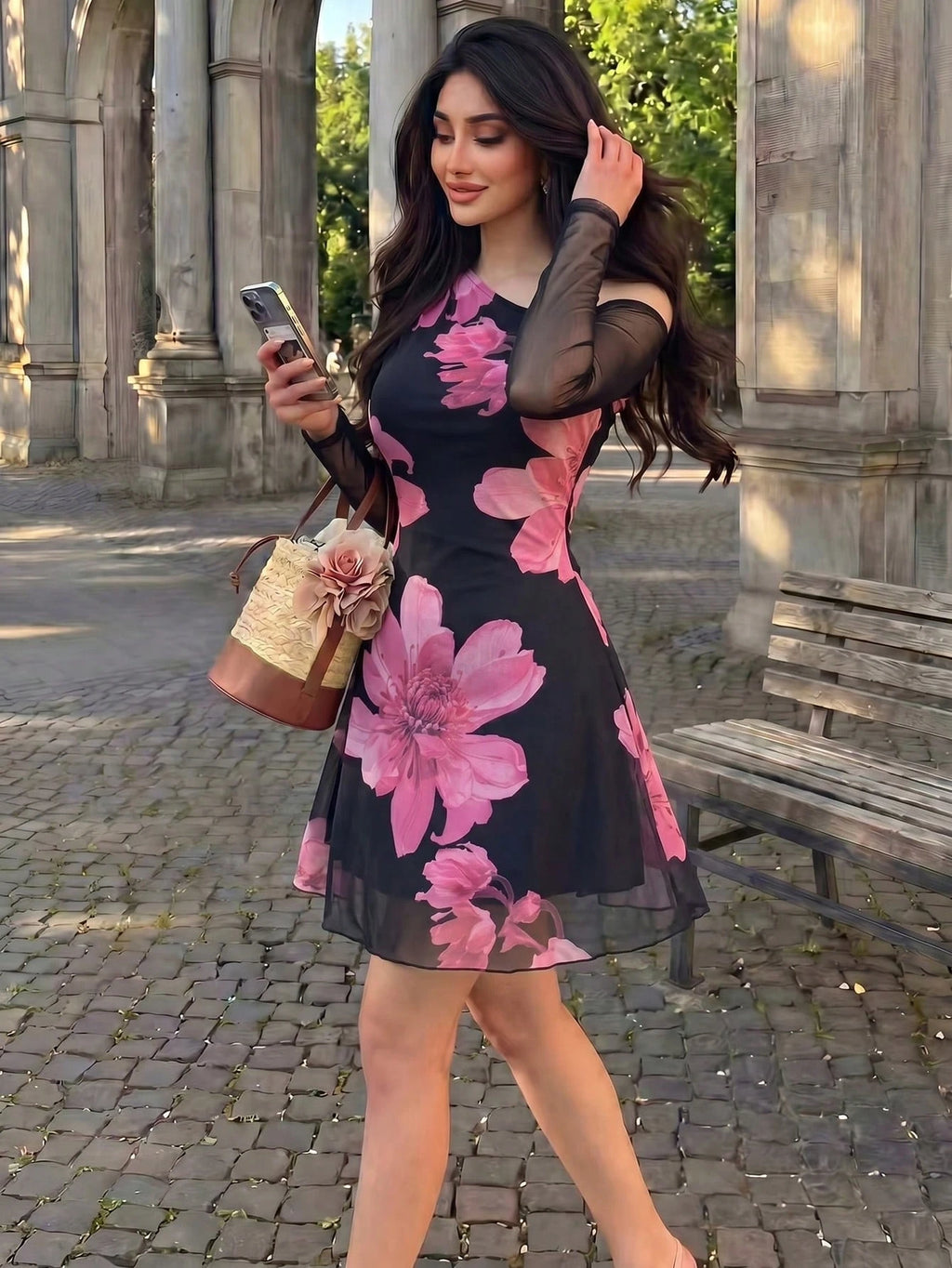Modelyn Mesh Print Ruched Asymmetric Neck Elegant Sexy Summer Dress