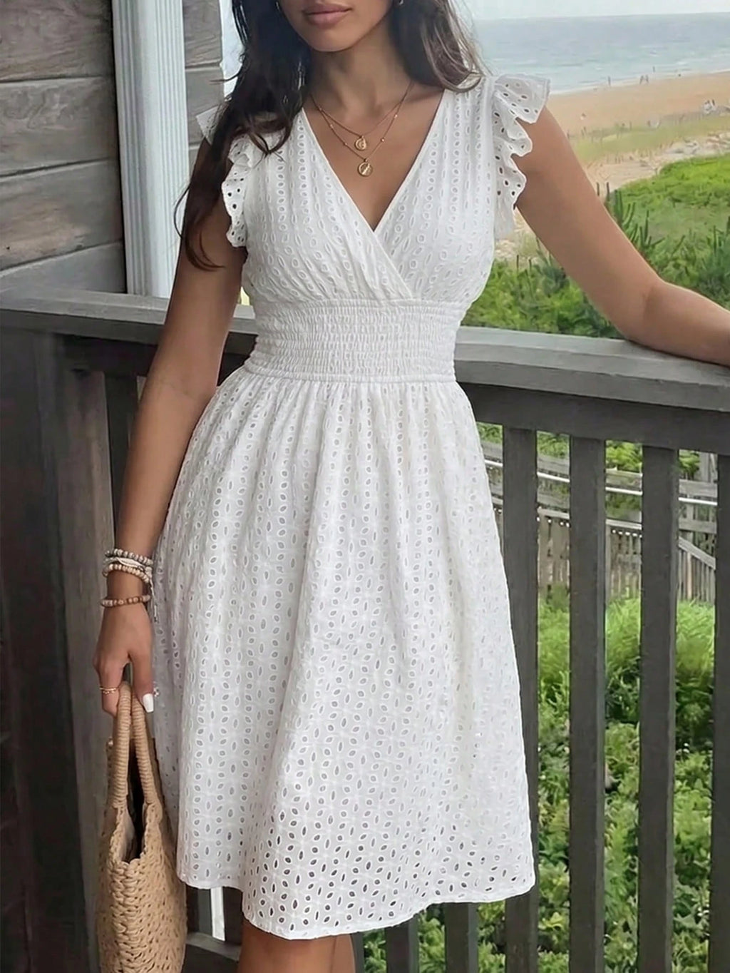 Women's White V-Neck Dress - Jacquard Hollow Ruffled Waist Cinched, French Gentle Style Summer Slim A-Line