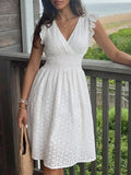 Women's White V-Neck Dress - Jacquard Hollow Ruffled Waist Cinched, French Gentle Style Summer Slim A-Line