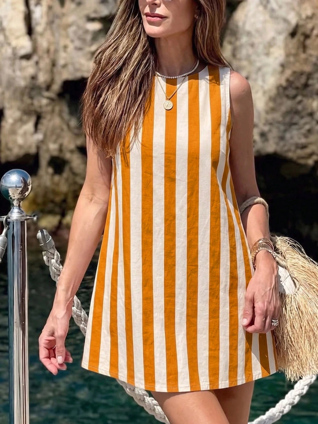 A-Line Casual Women's Short Dress, Summer Striped Minimalist Vacation