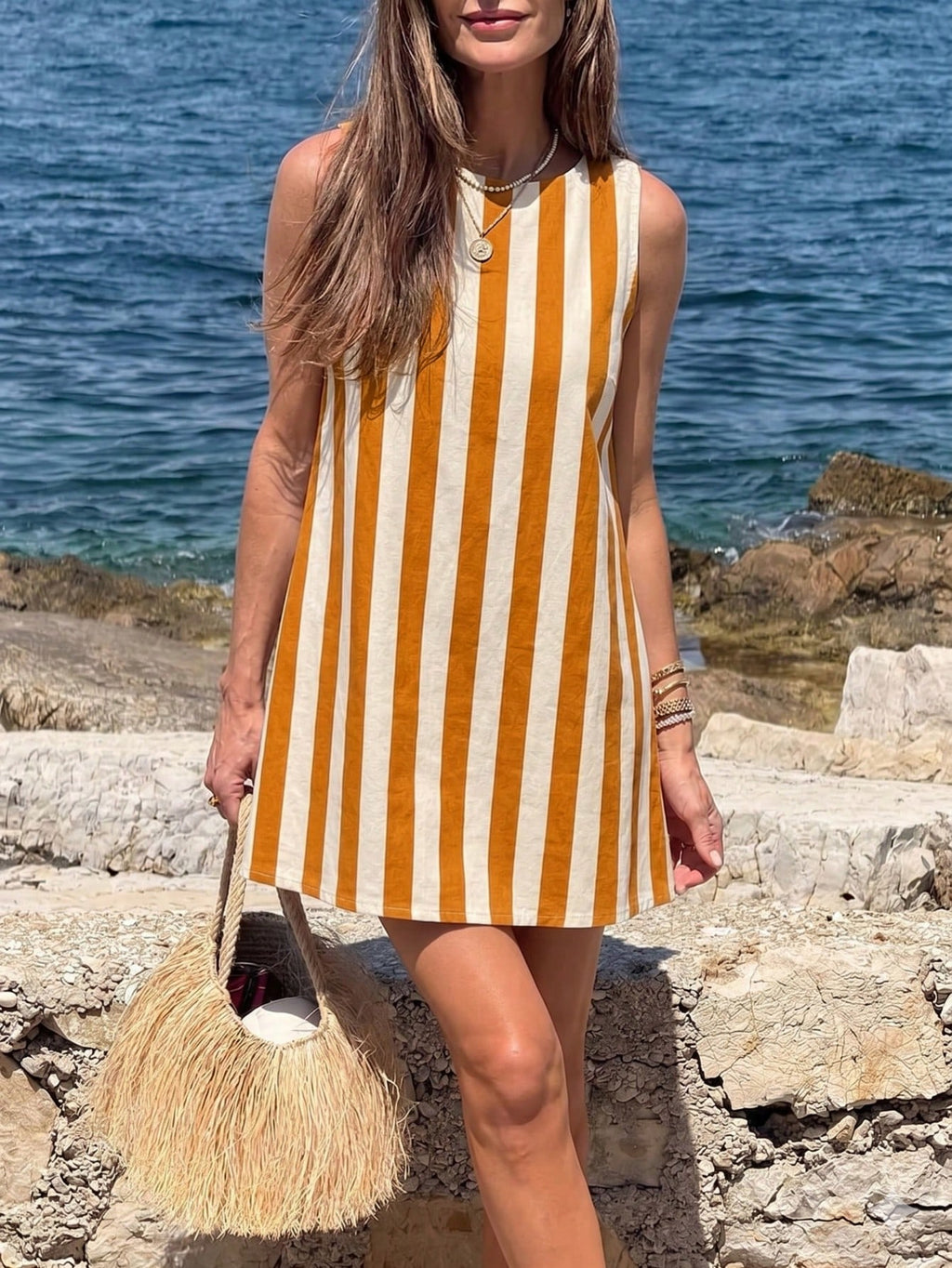 A-Line Casual Women's Short Dress, Summer Striped Minimalist Vacation