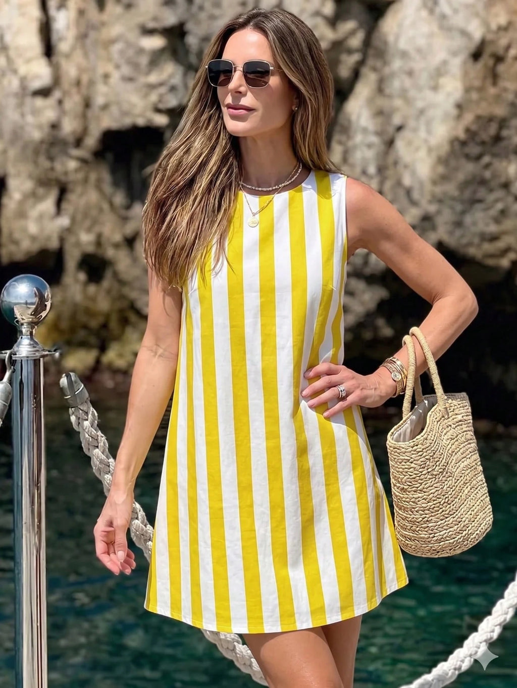 A-Line Casual Women's Short Dress, Summer Striped Minimalist Vacation