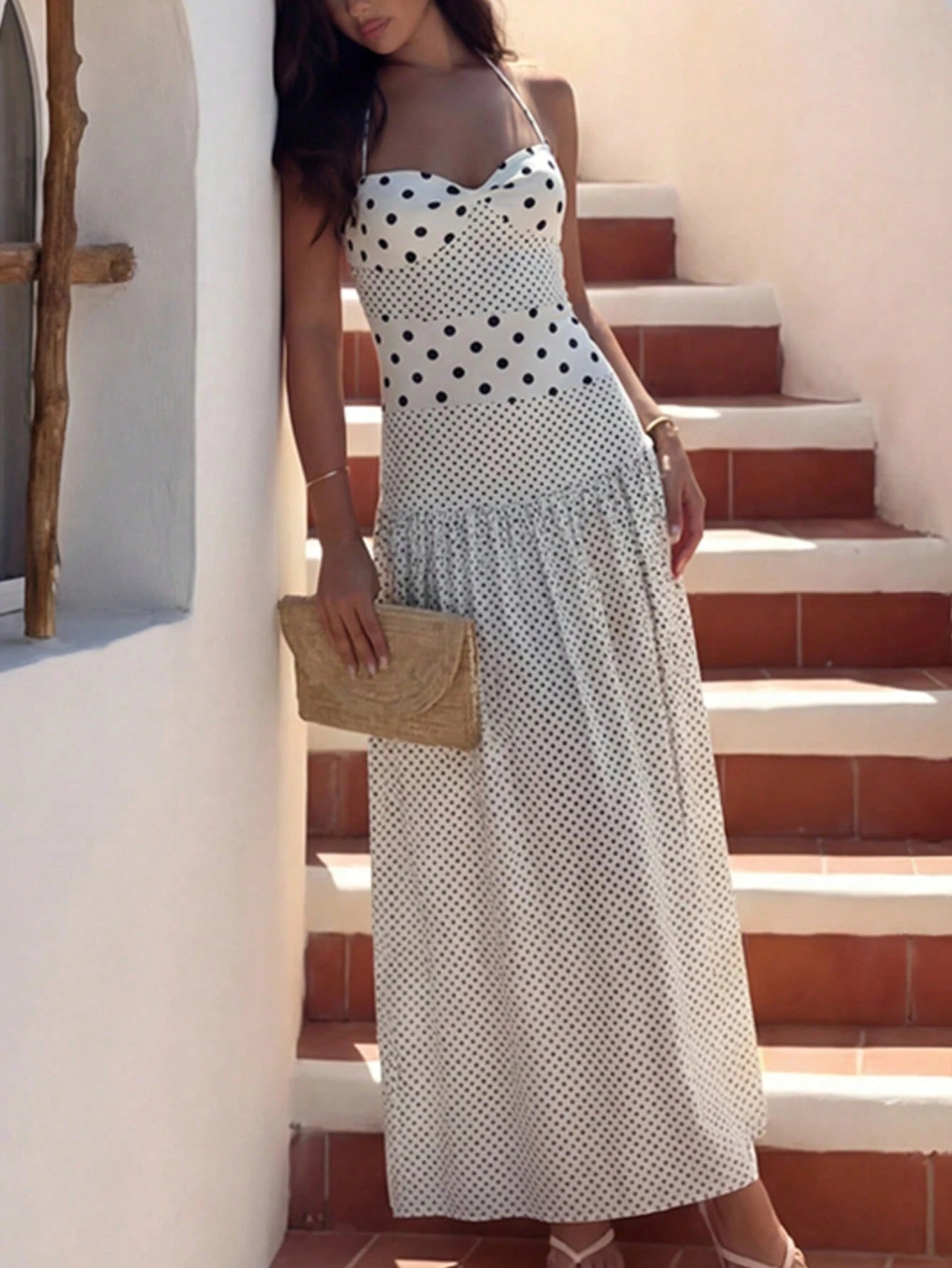 Women's Casual Polka Dot Spaghetti Strap Maxi Dress, Elegant For