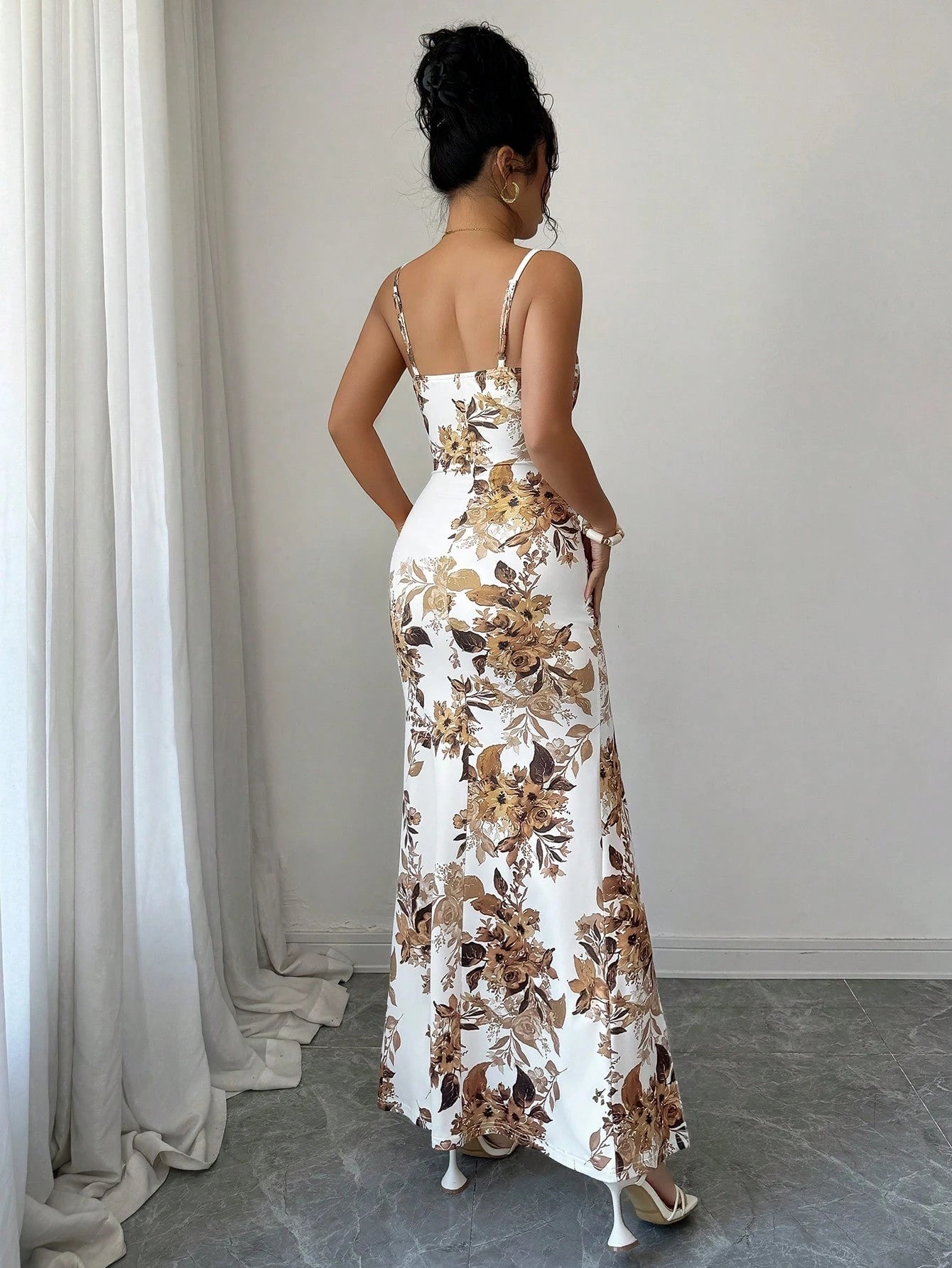 Rafferiza Women's Elegant Floral Print Spaghetti Strap Maxi Dress,White And Brown Summer Holiday - image 2