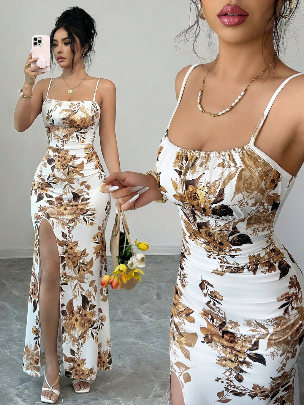 Rafferiza Women's Elegant Floral Print Spaghetti Strap Maxi