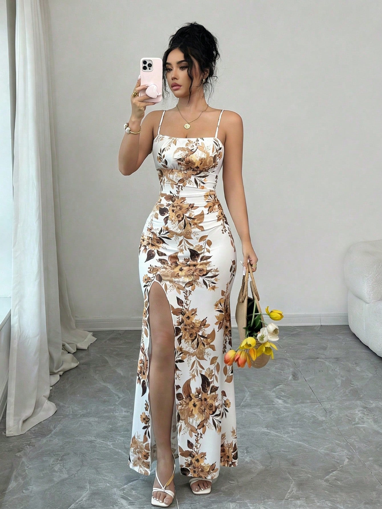Rafferiza Women's Elegant Floral Print Spaghetti Strap Maxi