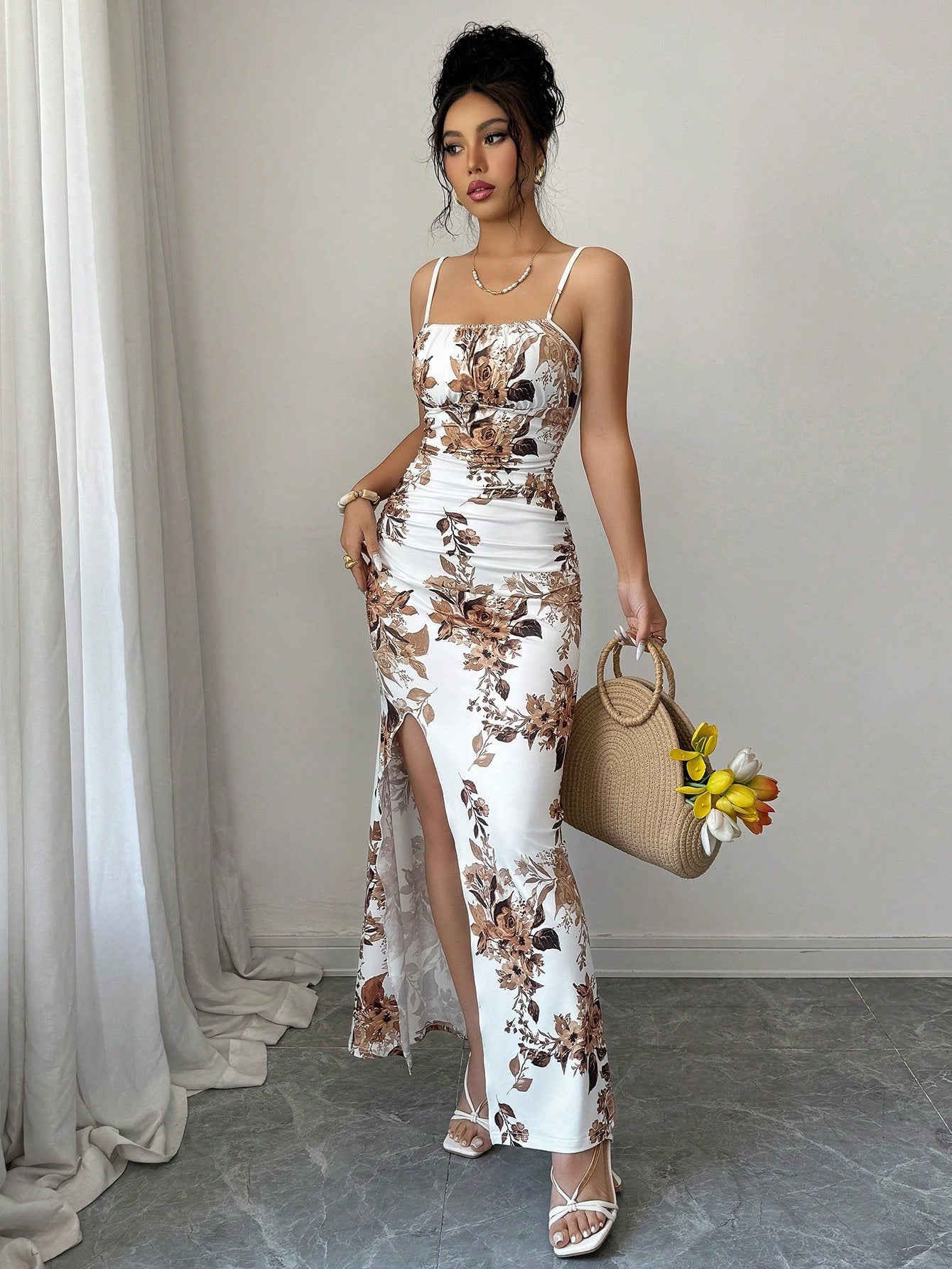 Rafferiza Women's Elegant Floral Print Spaghetti Strap Maxi Dress,White And Brown Summer Holiday - image 5