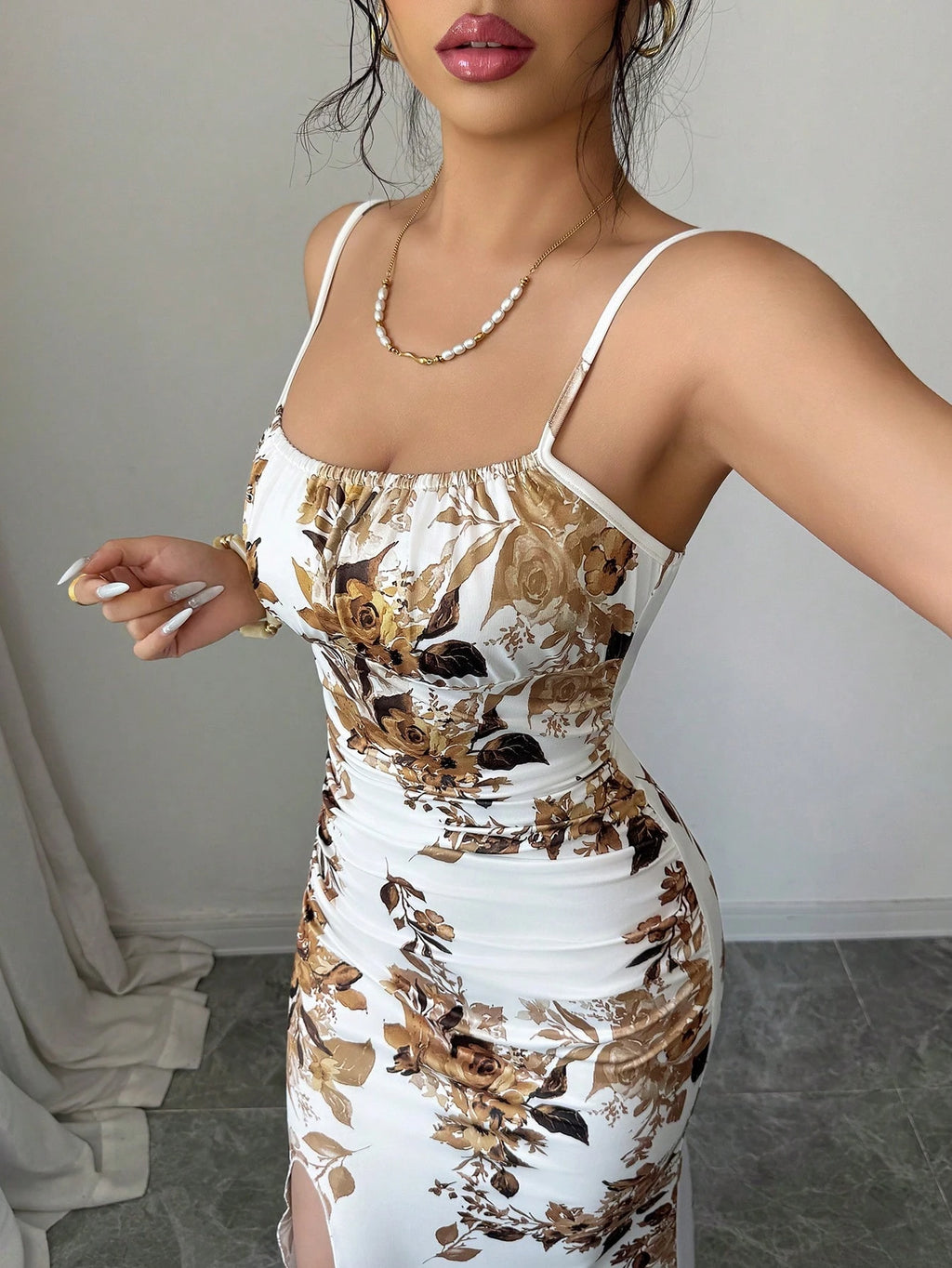 Rafferiza Women's Elegant Floral Print Spaghetti Strap Maxi