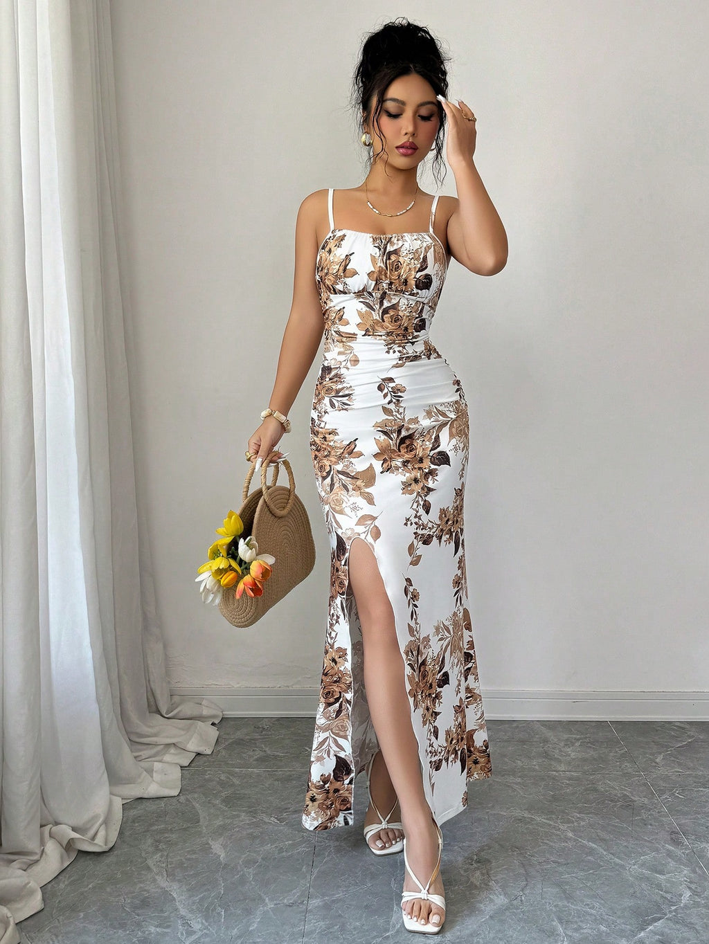 Rafferiza Women's Elegant Floral Print Spaghetti Strap Maxi