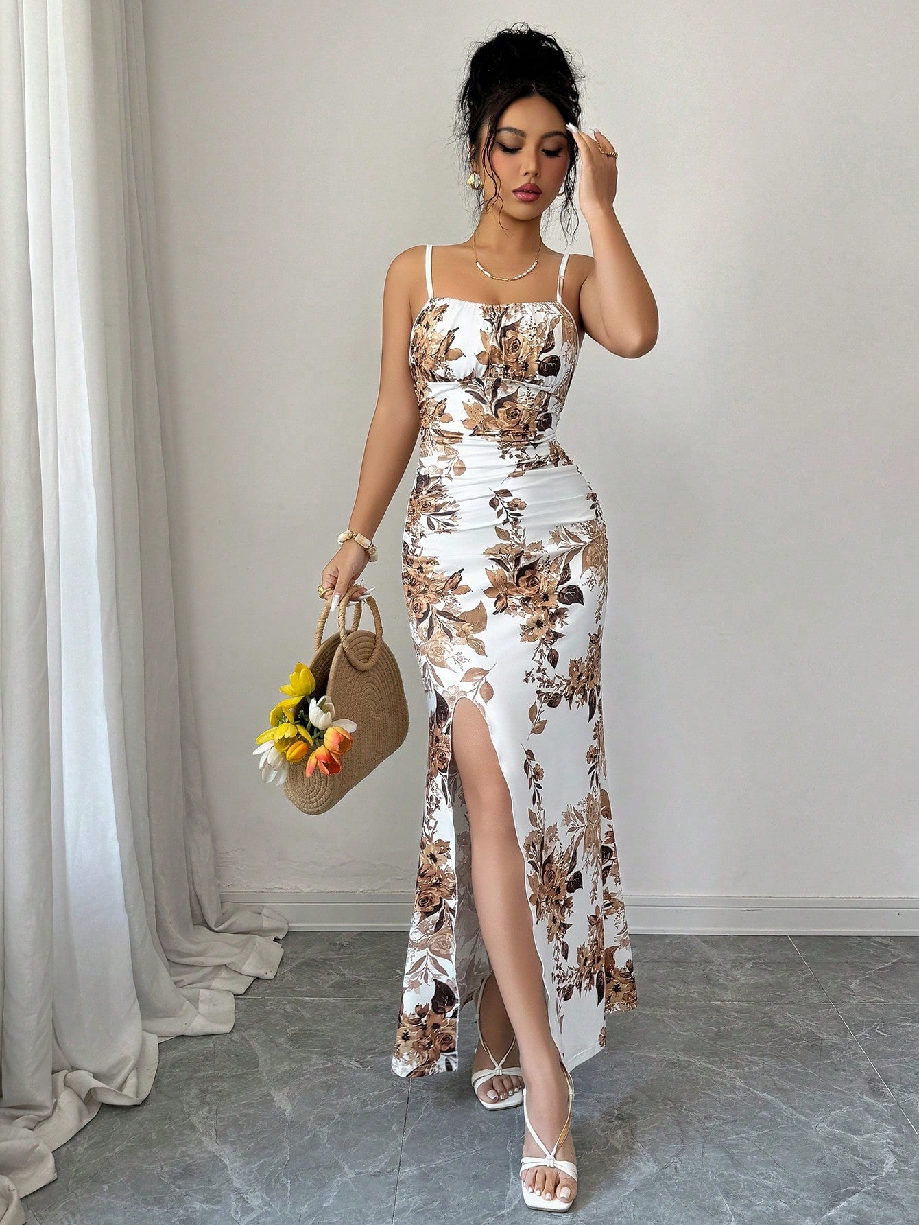 Rafferiza Women's Elegant Floral Print Spaghetti Strap Maxi