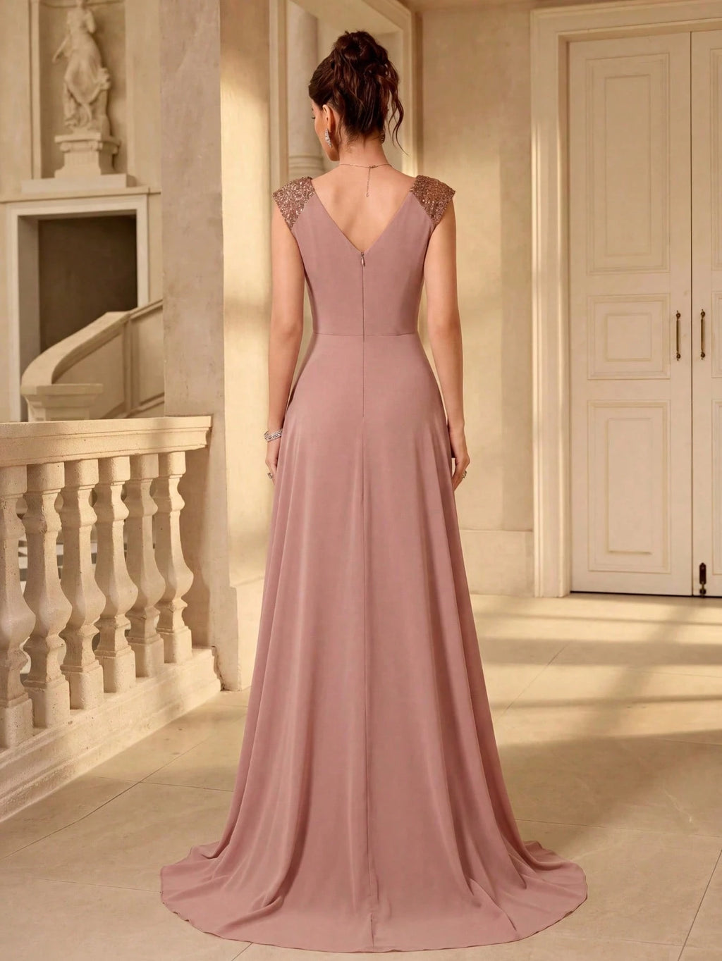 UNITHORSE V-Neck Ruffle Sleeve Pleated Leaf Net Mesh Splice Party Evening Dress Wedding - image 3