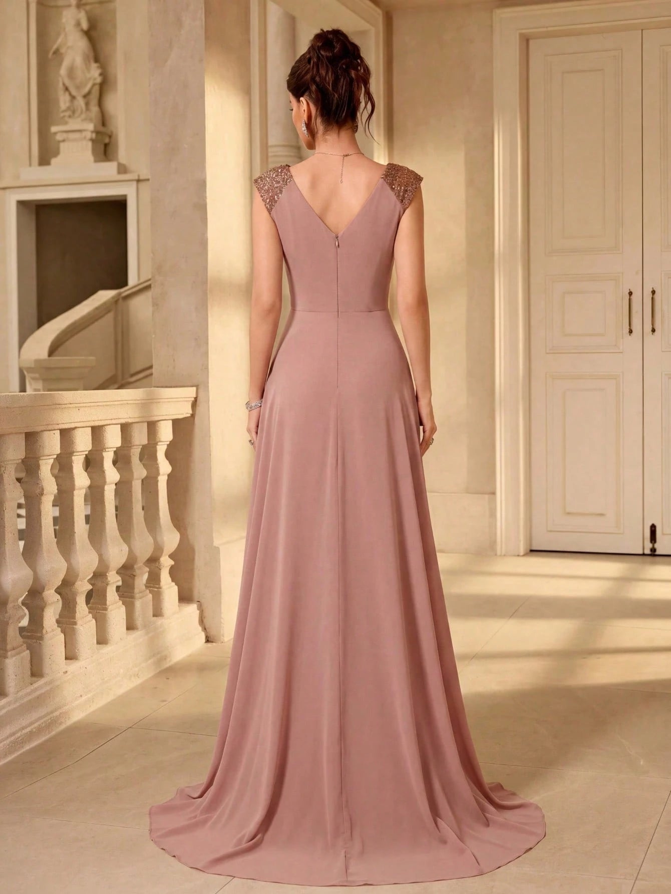 UNITHORSE V-Neck Ruffle Sleeve Pleated Leaf Net Mesh Splice Party Evening Dress Wedding - image 3