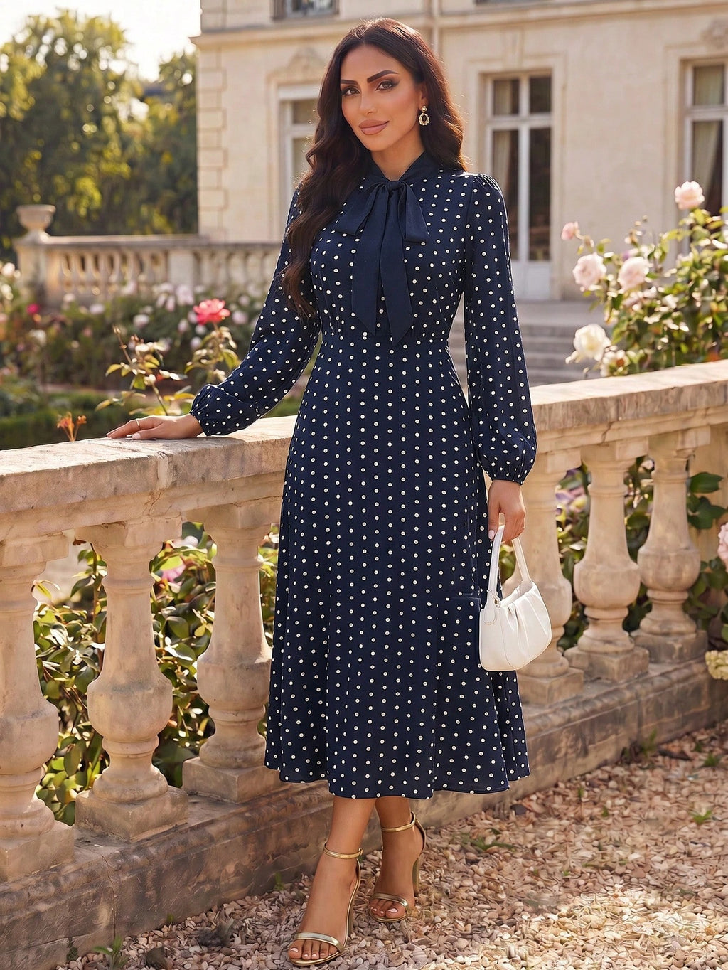 Auveirra Polka Dot Tie Neck A-Line Dress Winter Elegant Evening Dress
