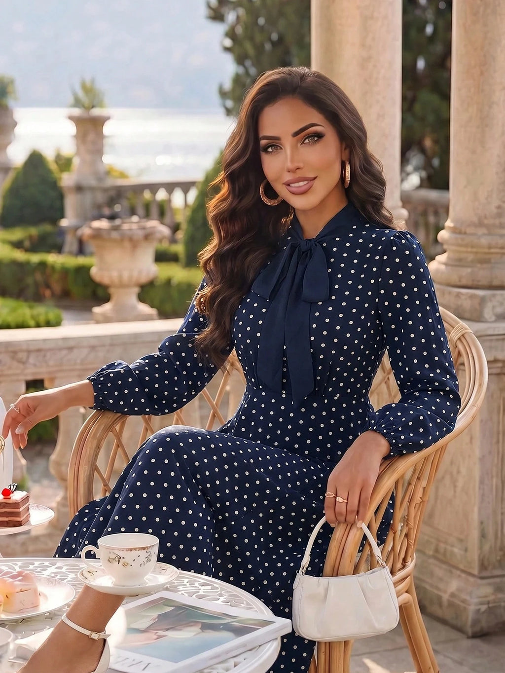 Auveirra Polka Dot Tie Neck A-Line Dress Winter Elegant Evening Dress