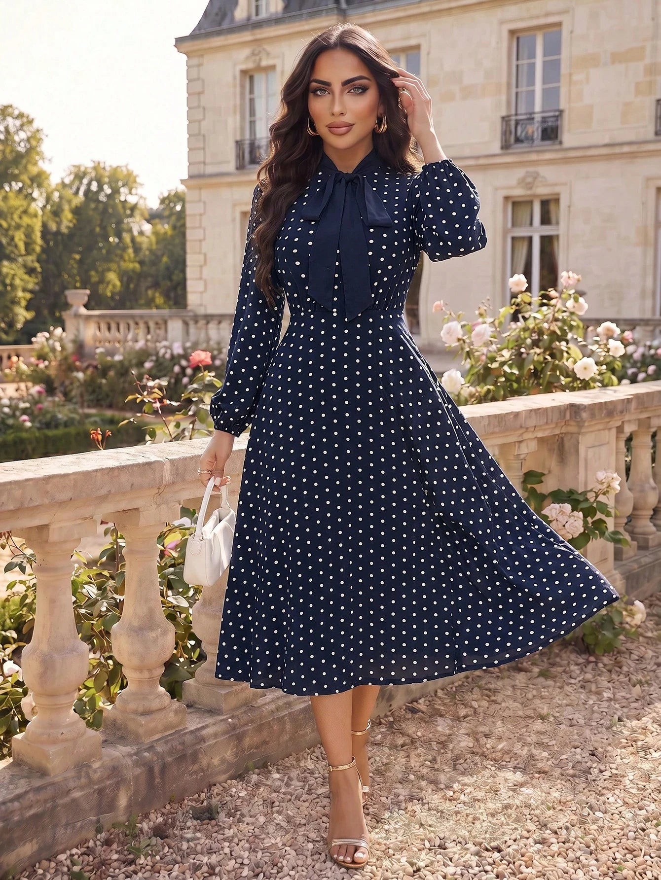 Auveirra Polka Dot Tie Neck A-Line Dress Winter Elegant Evening Dress