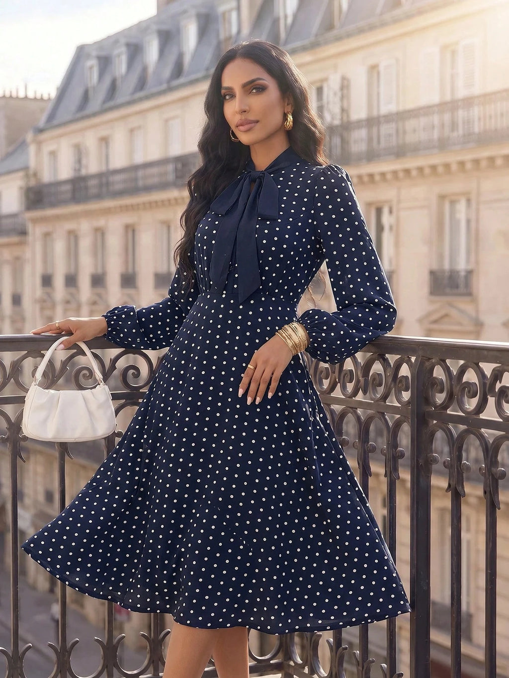 Auveirra Polka Dot Tie Neck A-Line Dress Winter Elegant Evening Dress