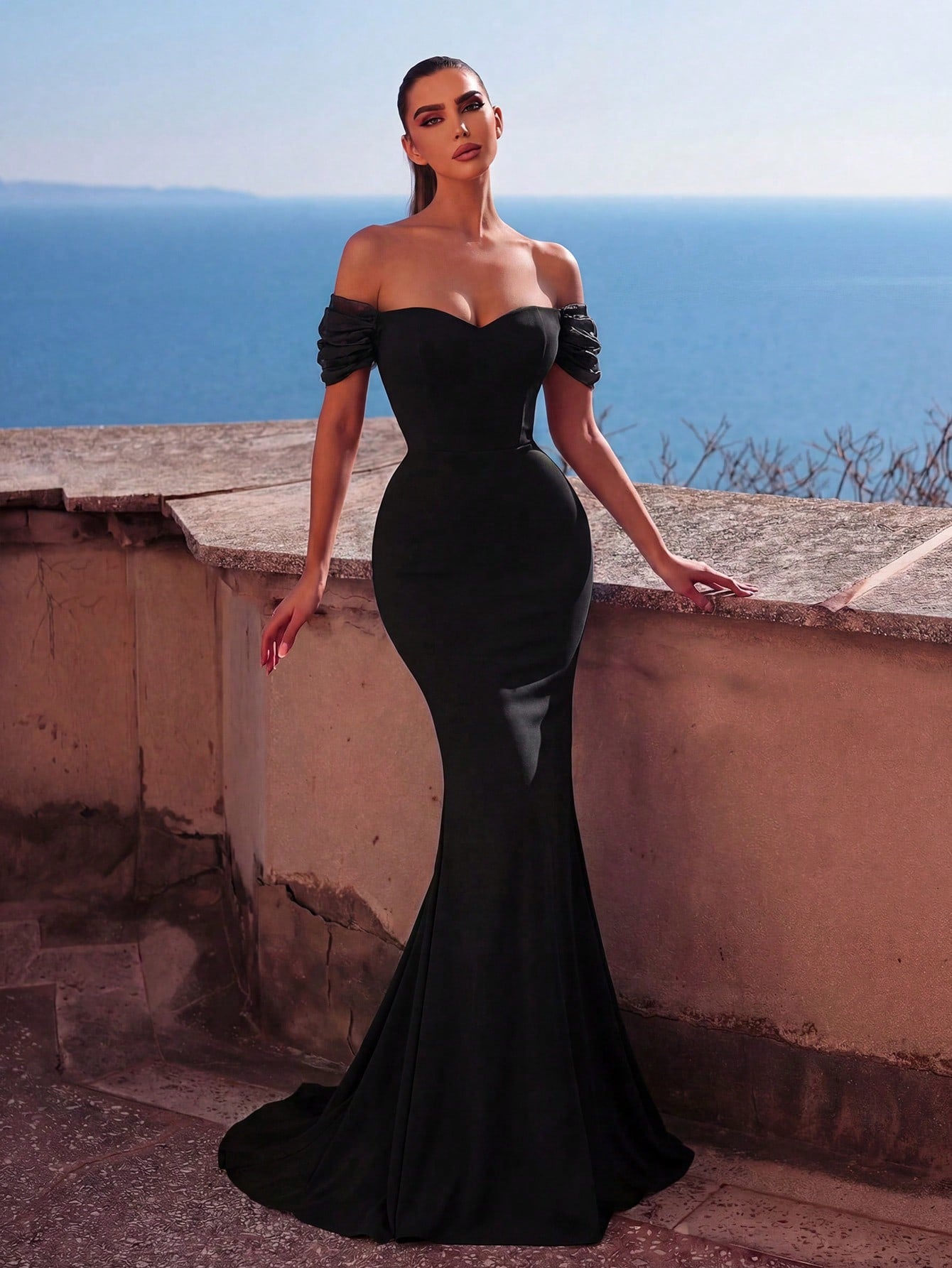 Faeriesty Elegant Off-Shoulder Long Wedding Dress With Ruffle Short Sleeves, Made Of Slightly Stretchy Knit - image 4