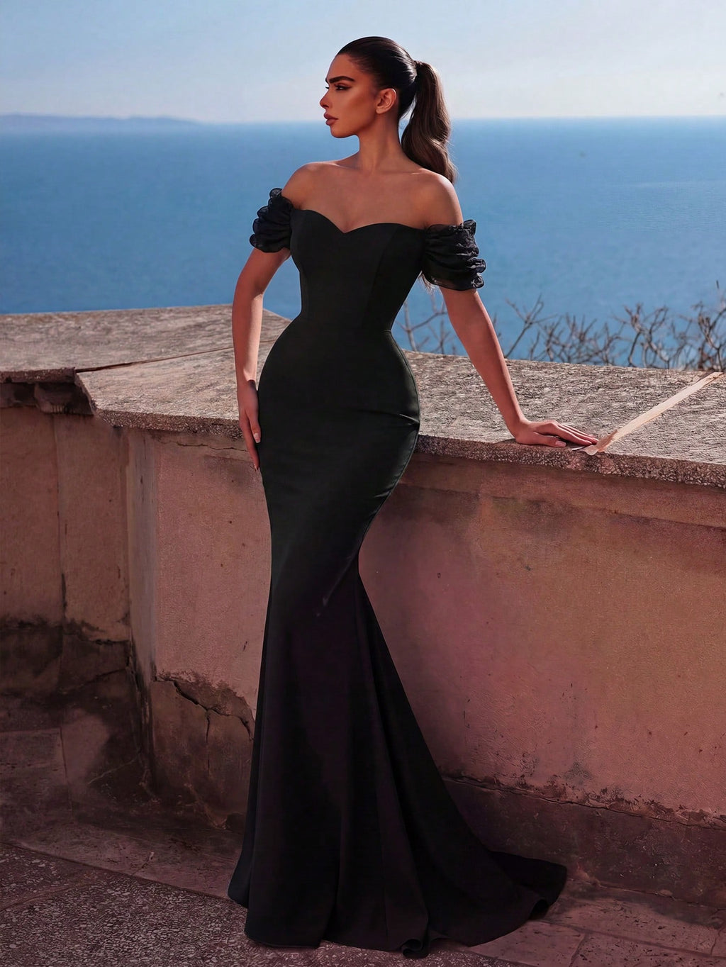 Faeriesty Elegant Off-Shoulder Long Wedding Dress With Ruffle Short Sleeves, Made Of Slightly Stretchy Knit