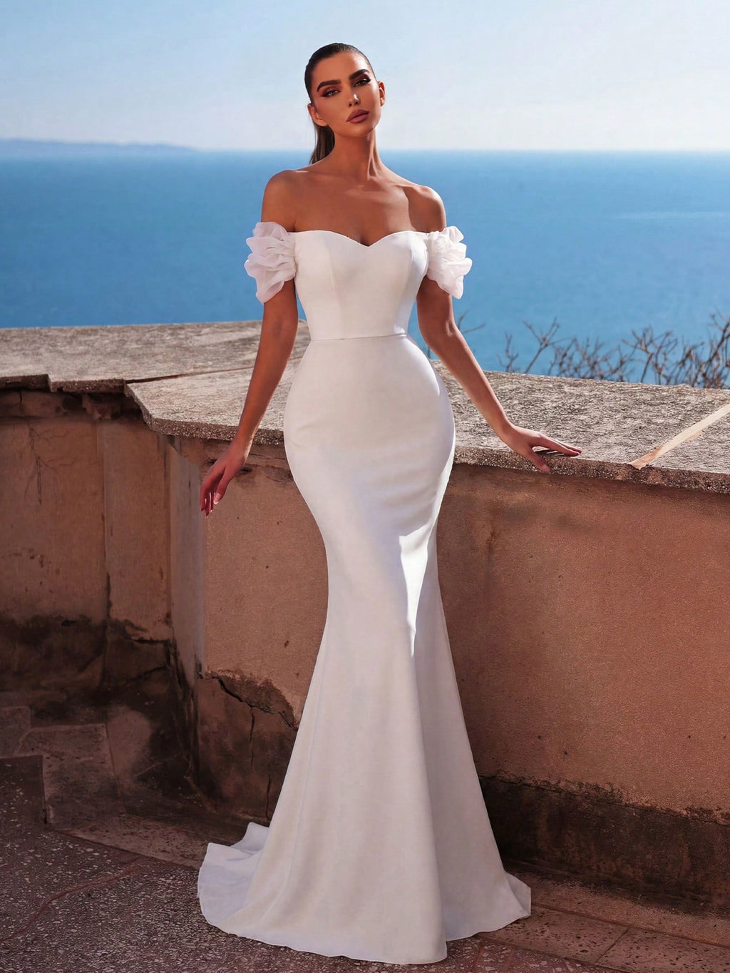 Faeriesty Elegant Off-Shoulder Long Wedding Dress With Ruffle Short Sleeves, Made Of Slightly Stretchy Knit - image 8