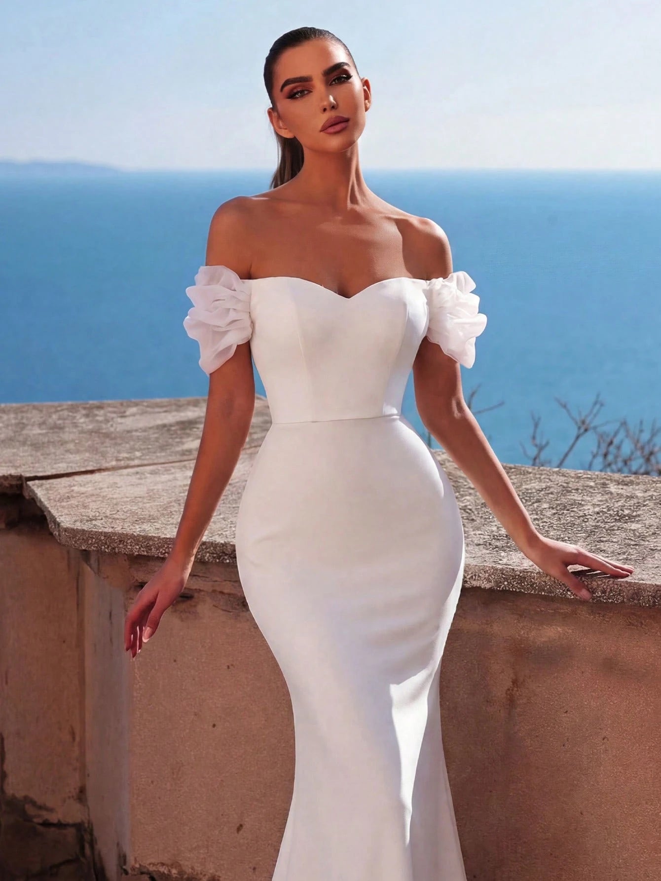 Faeriesty Elegant Off-Shoulder Long Wedding Dress With Ruffle Short Sleeves, Made Of Slightly Stretchy Knit - image 7