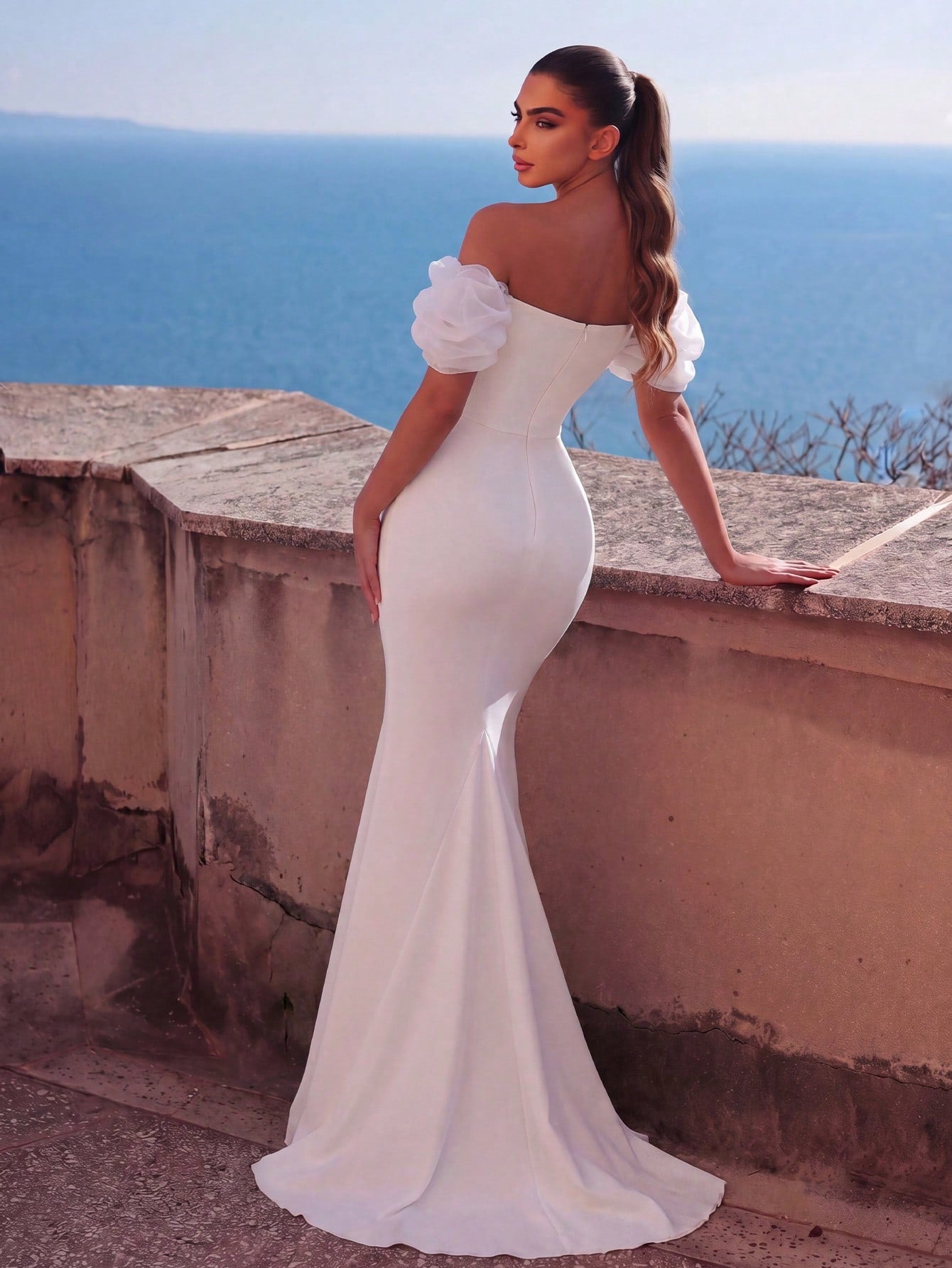Faeriesty Elegant Off-Shoulder Long Wedding Dress With Ruffle Short Sleeves, Made Of Slightly Stretchy Knit - image 5