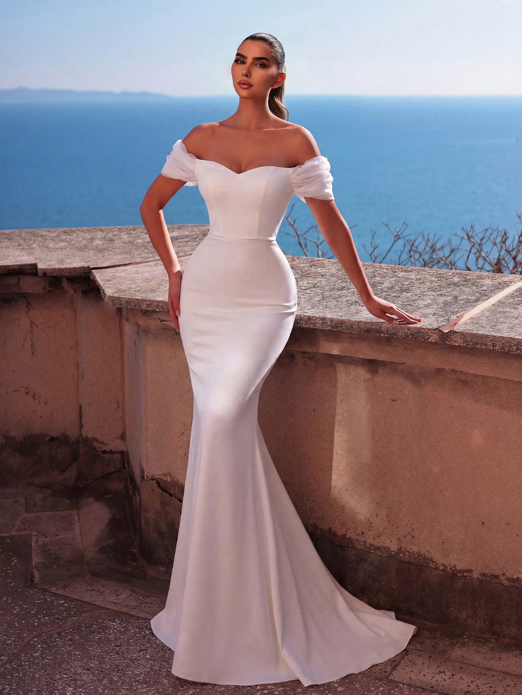 Faeriesty Elegant Off-Shoulder Long Wedding Dress With Ruffle Short Sleeves, Made Of Slightly Stretchy Knit - image 6