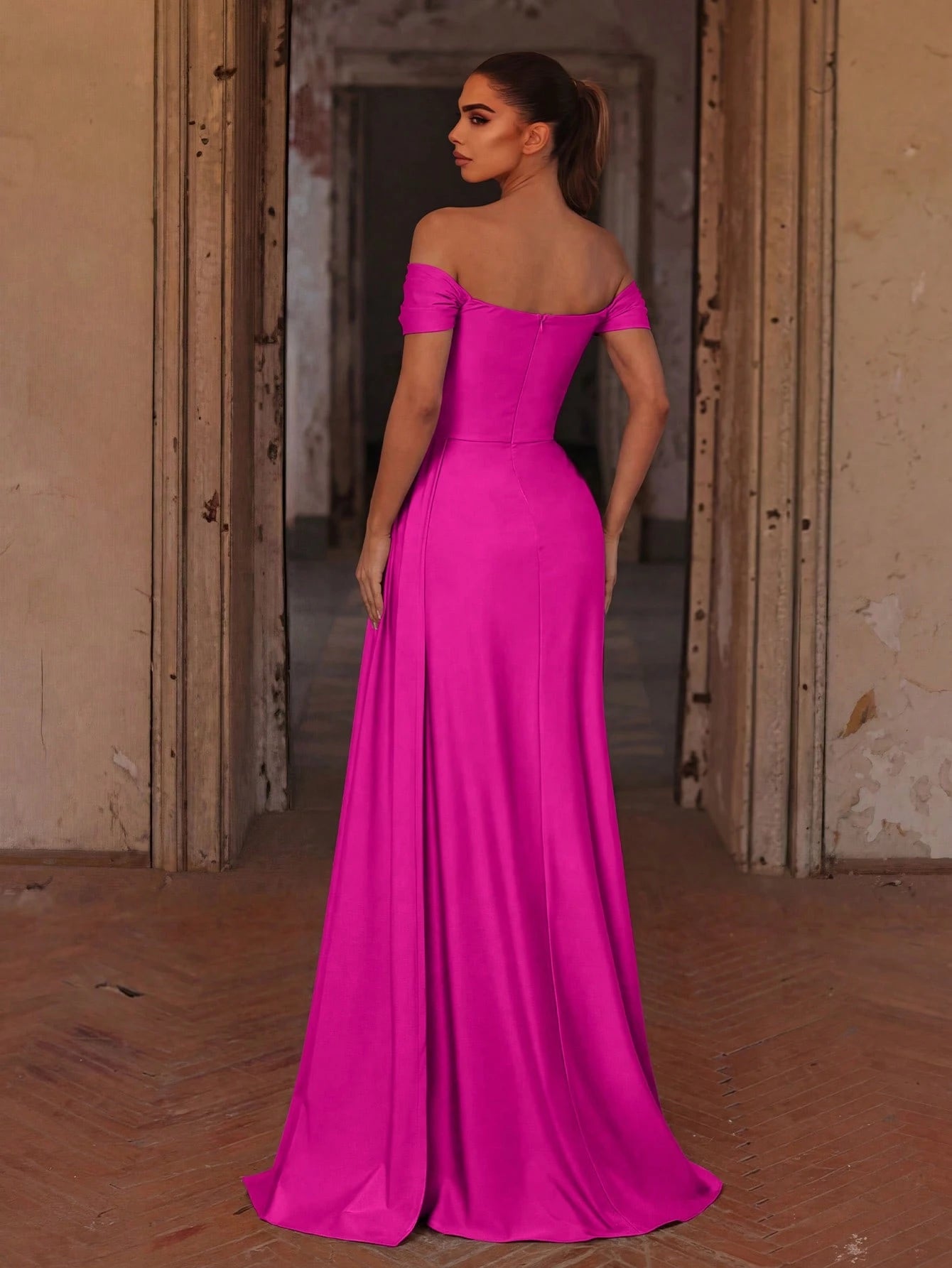 Faeriesty Elegant Off Shoulder Long Bridesmaid Dress With Pleated Design, Knit Fabric, Fitted Cut, Suitable - image 2