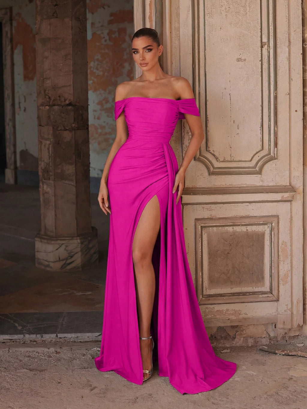 Faeriesty Elegant Off Shoulder Long Bridesmaid Dress With Pleated Design, Knit Fabric, Fitted Cut, Suitable - image 4