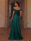 Faeriesty Elegant Off Shoulder Long Bridesmaid Dress With Pleated Design, Knitted Fabric, Fitted Cut,
