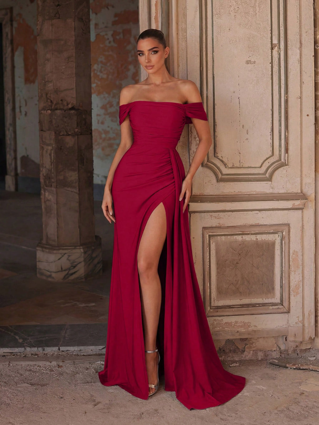 Faeriesty Elegant Off Shoulder Long Bridesmaid Dress With Pleated Design, Knit Fabric, Fitted Cut, Suitable - image 6
