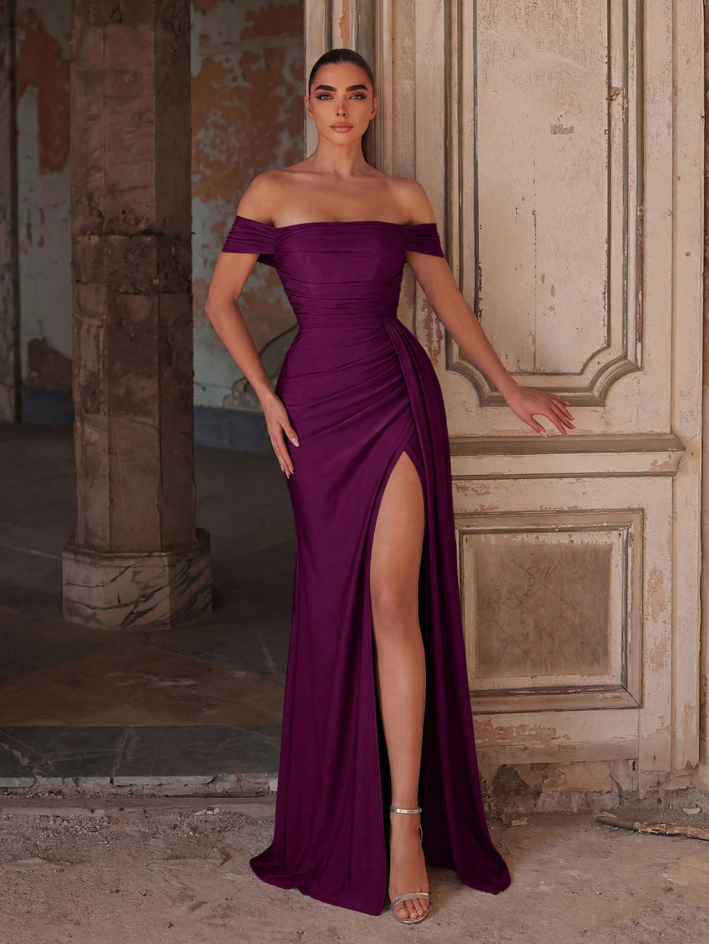 Faeriesty Elegant Off Shoulder Long Bridesmaid Dress With Pleated Design, Knitted Fabric, Fitted Cut, - image 8