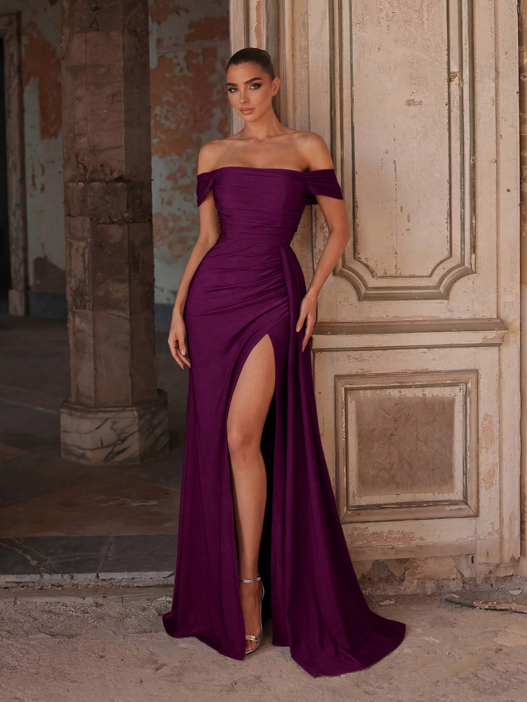 Faeriesty Elegant Off Shoulder Long Bridesmaid Dress With Pleated Design, Knitted Fabric, Fitted Cut, - image 6
