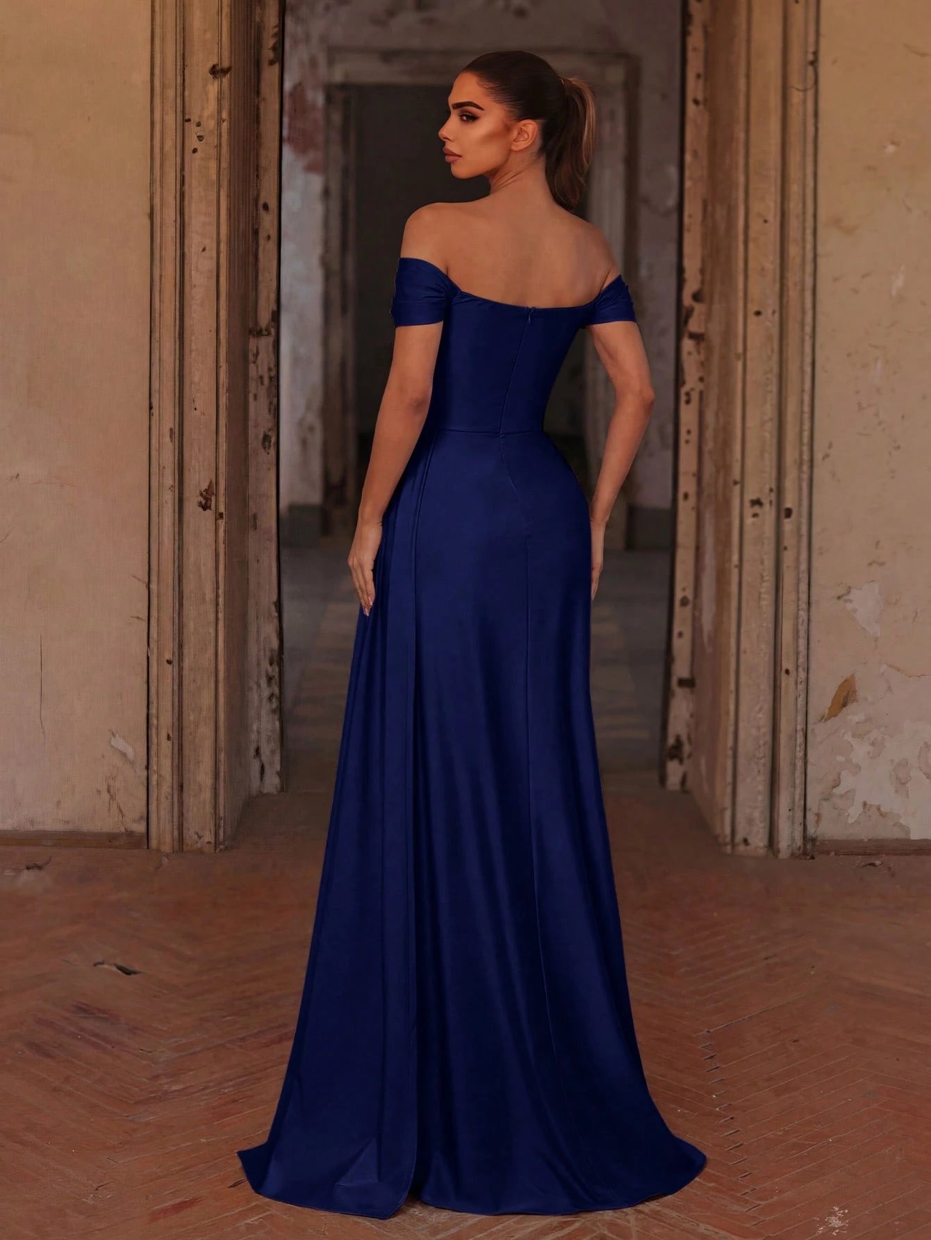 Faeriesty Elegant Pleated Design Maxi Bridesmaid Dress, Slit Hem, Knit Fabric Suitable For Parties And Formal - image 2