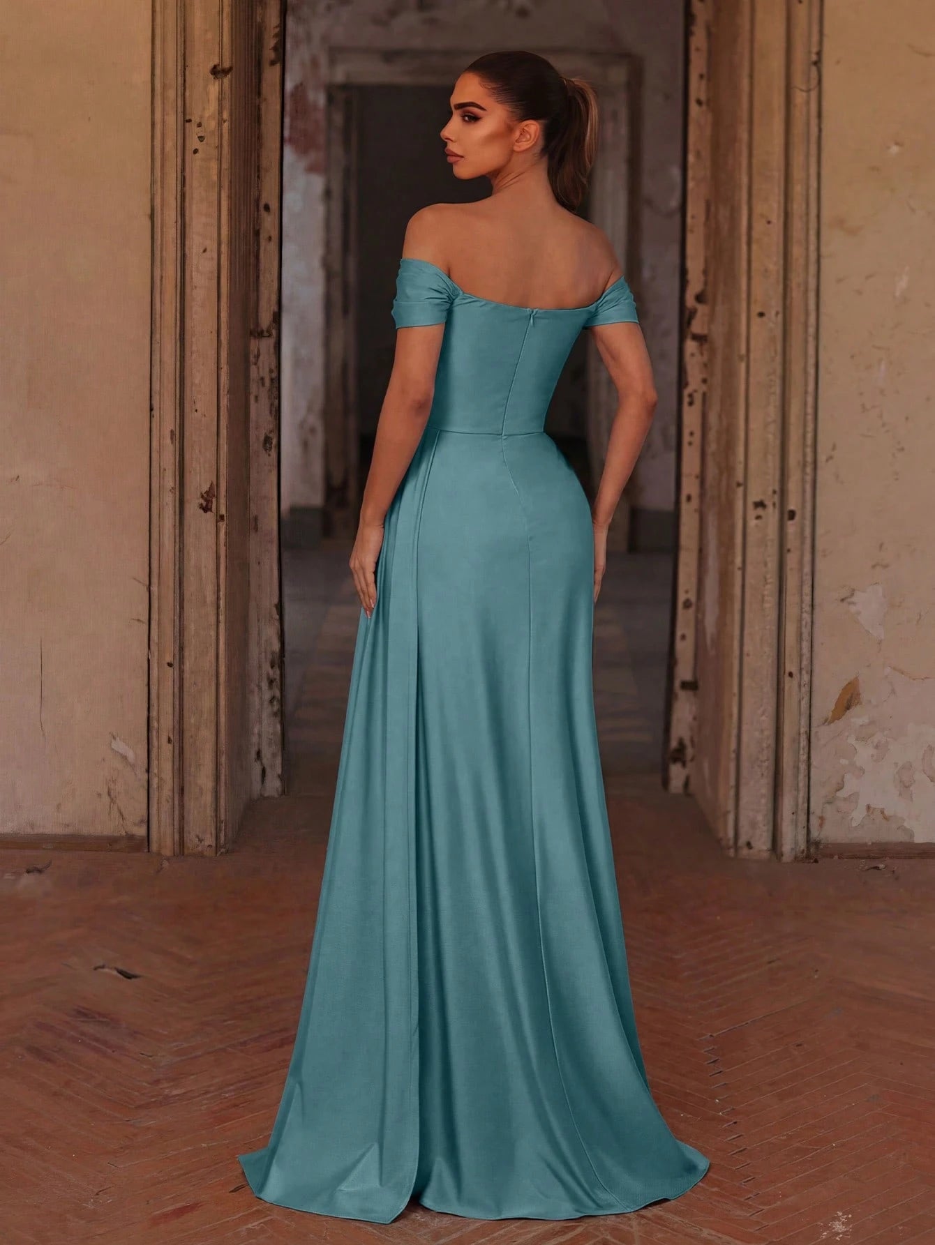 Faeriesty Elegant Pleated Design Maxi Bridesmaid Dress, Slit Hem, Knit Fabric Suitable For Parties And Formal - image 6