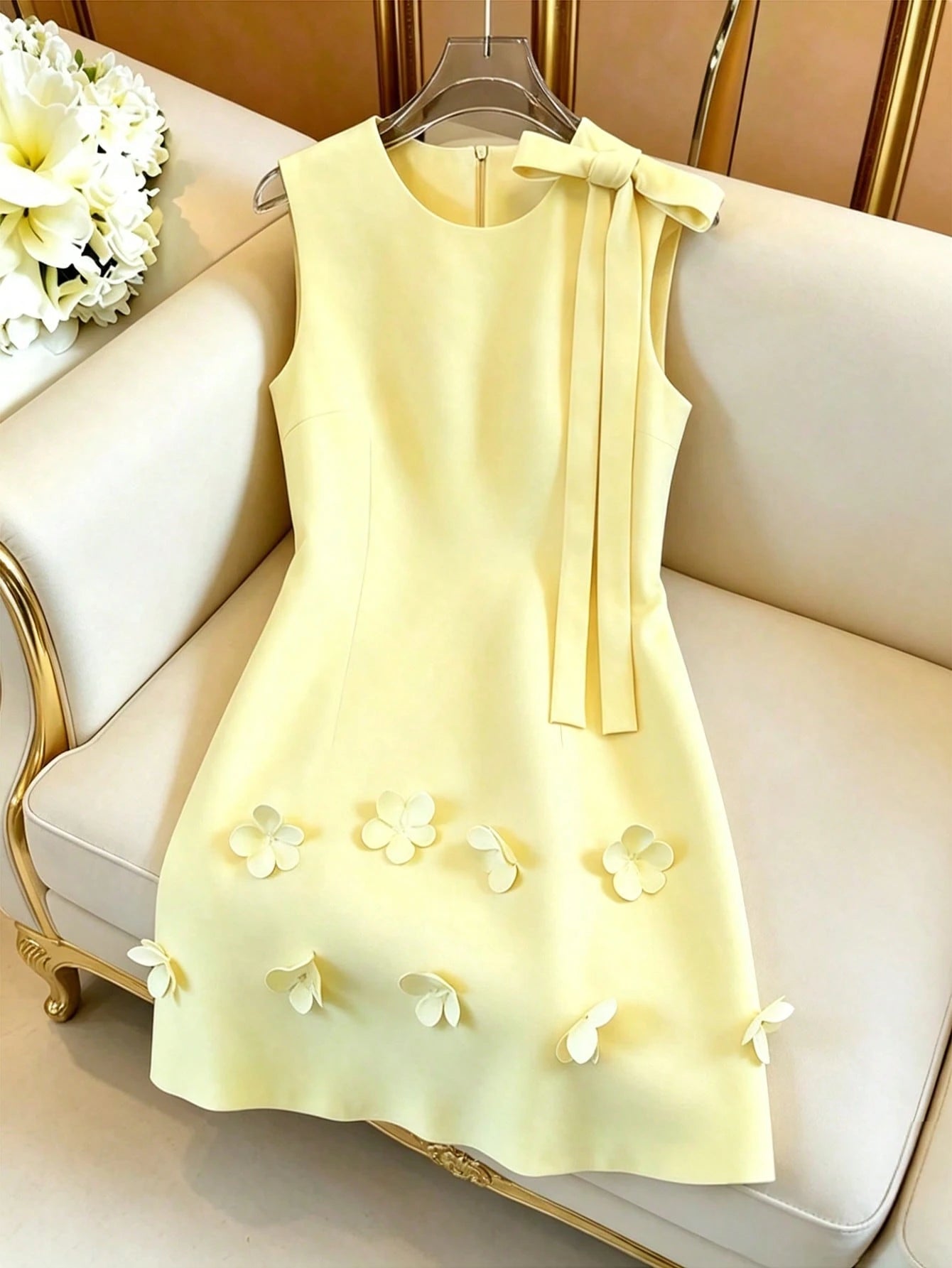 GlowEve French Elegant Women's Pale Yellow Summer Sleeveless Dress,Floral Petal 3D Flower Design With - image 13