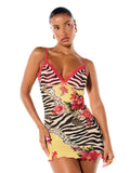 SUMWON WOMEN Tiger Print Floral Lace Trim Mini Slip Dress Spaghetti