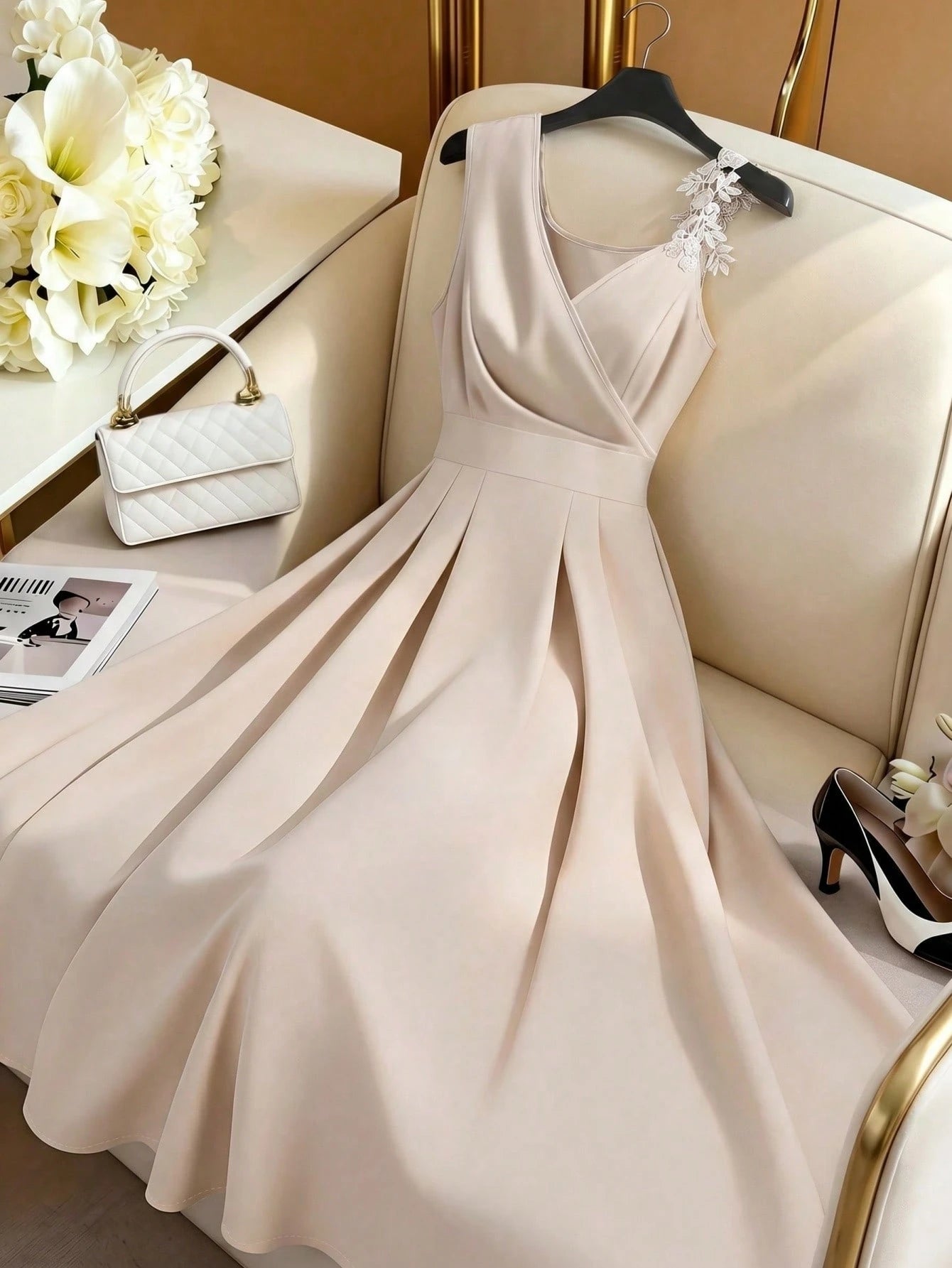 GlowEve Women's Beige Lace Trim Waist A-Line Dress,Pink