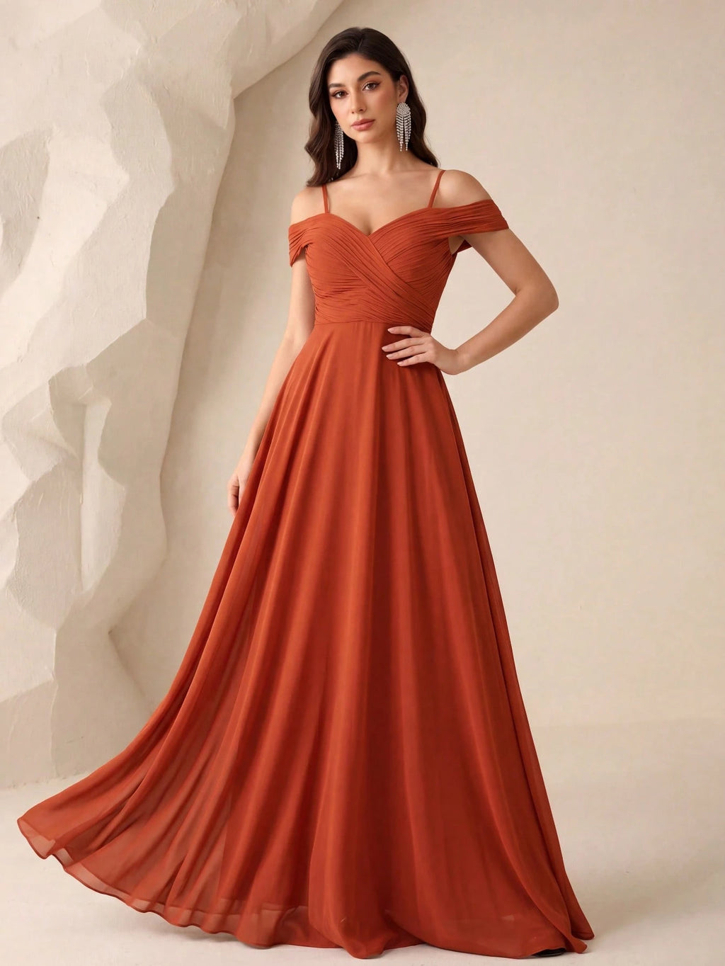 UNITHORSE Cold Shoulder Ruched Floor Length Chiffon Bridesmaid Dress Elegant Dress Wedding Spring - image 2