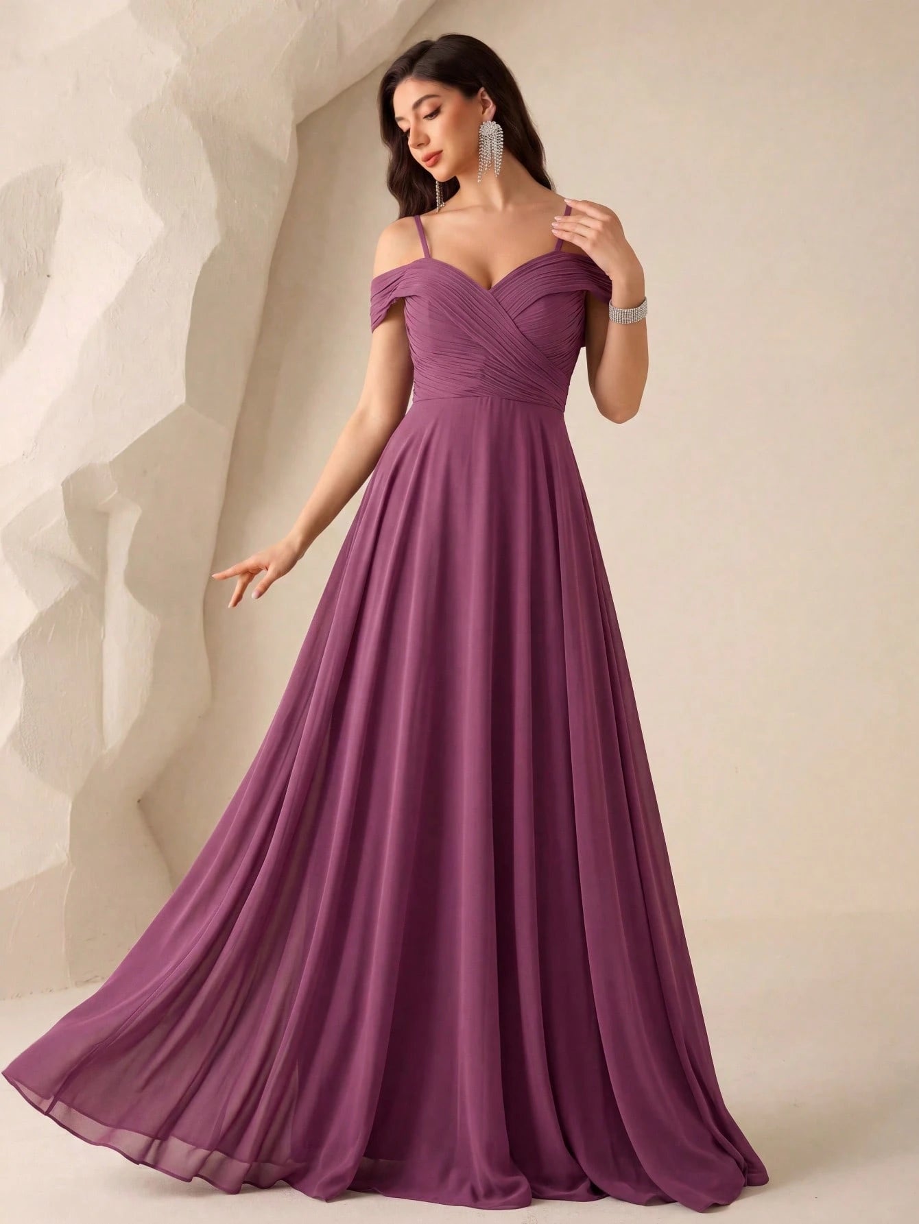 UNITHORSE Cold Shoulder Ruched Floor Length Chiffon Bridesmaid Dress Elegant Dress Wedding Spring - image 16
