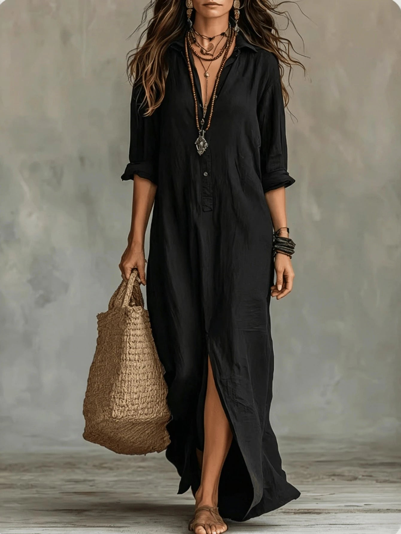 2026 European And American Independent Website Spring Summer New Front-Button Bohemian Shirt And Floor-Length
