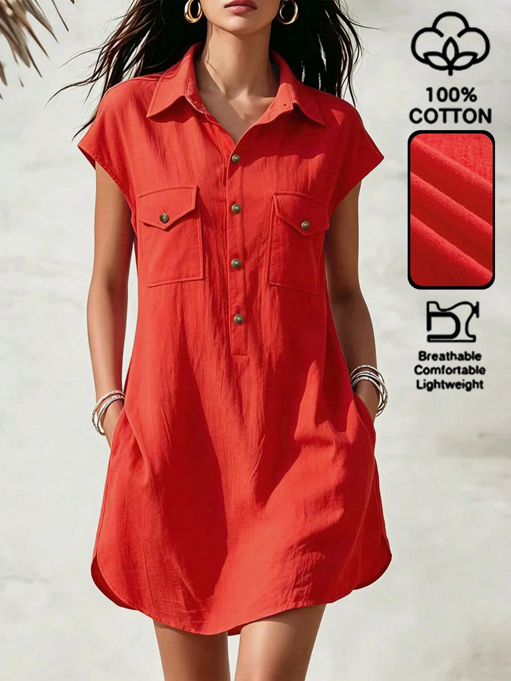 LUNE Women's Loose Orange Red Vacation Dress For Summer Vacation