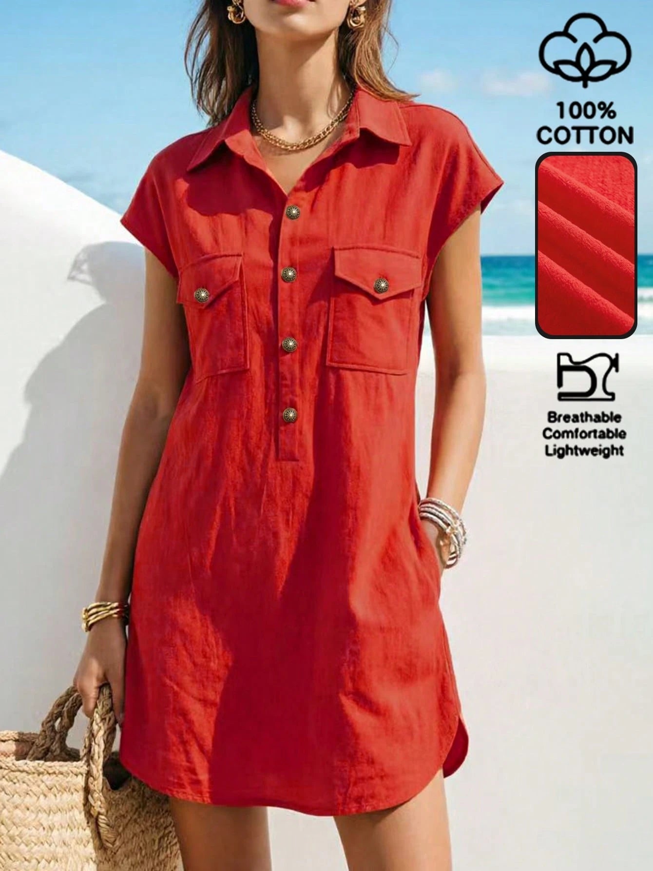 Balvessa Women's Loose Orange Red Vacation Dress For Summer Vacation